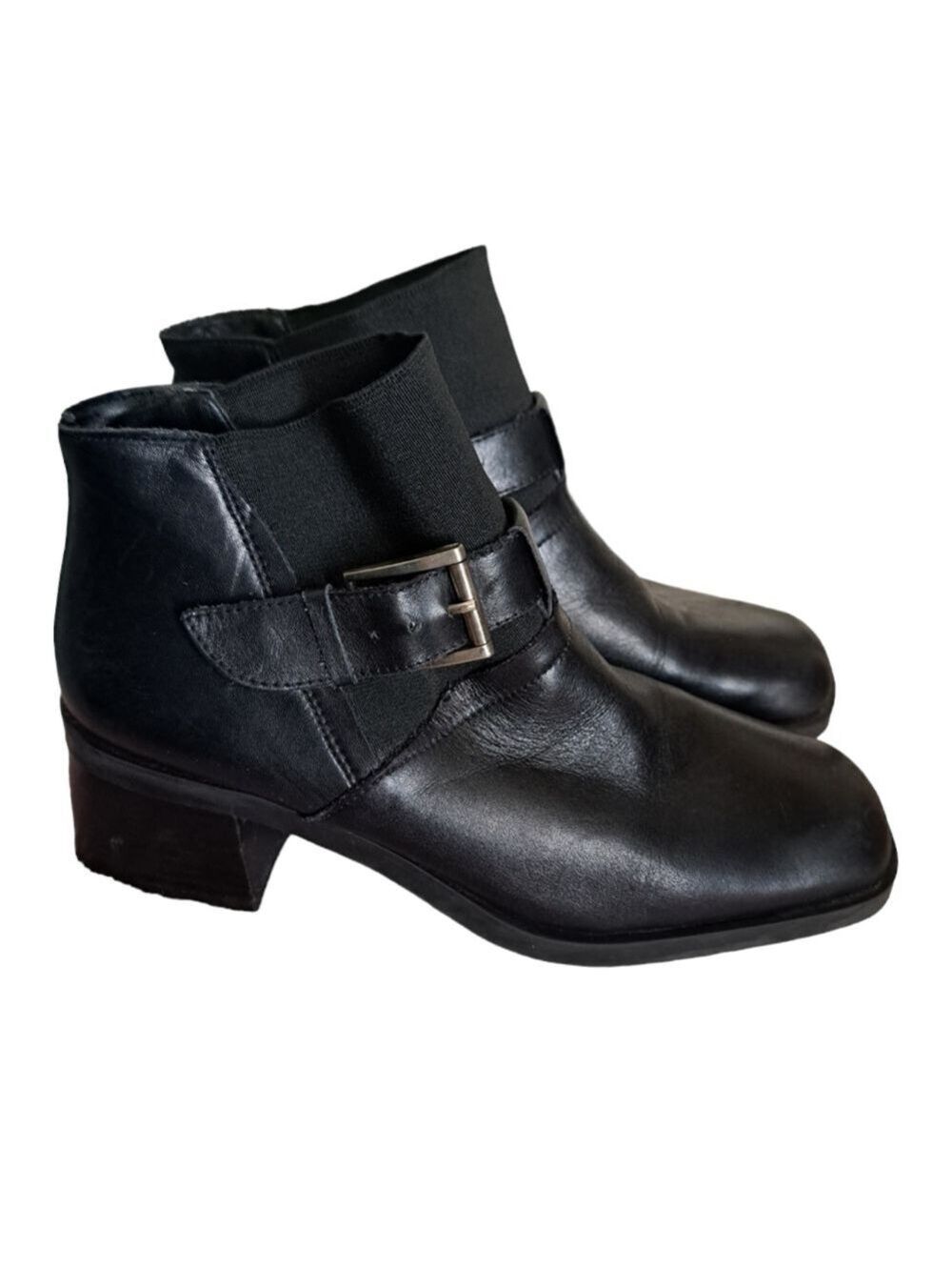 NINE WEST leather booties buckle elastic comfort ankle boots block heel black 6